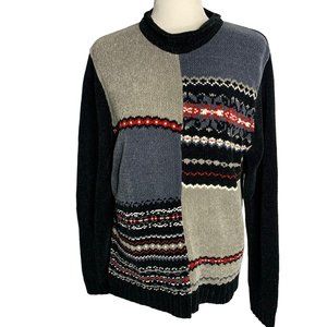 Vintage 90s Chenille Knit Pullover Sweater M Black Color Block Rolled Collar